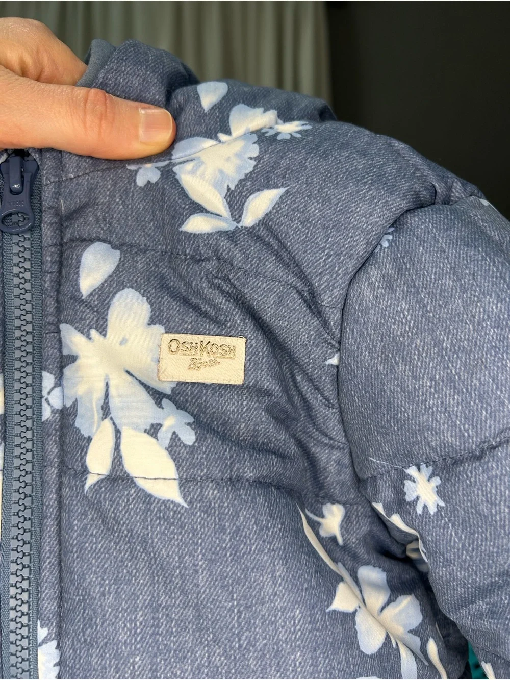 ❄️OSHKOSH Baby Blue Floral Puffer One-Piece Snowsuit - Infant 6/9 Months